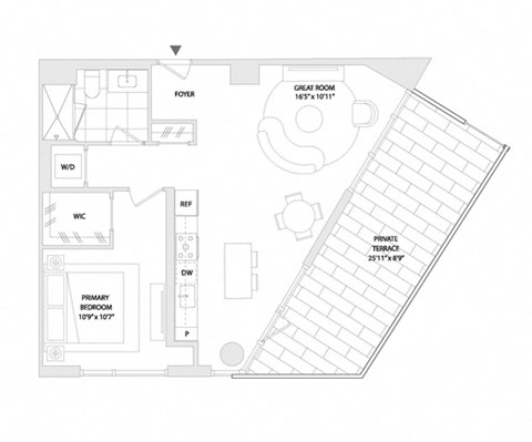 Floor plan for 1 bed, 1 bath, 834 sqft